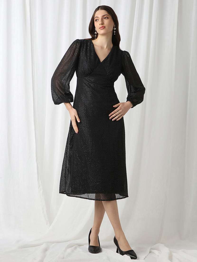 globus women black v-neck bishop sleeves lurex detail georgette fit & flare midi party dress