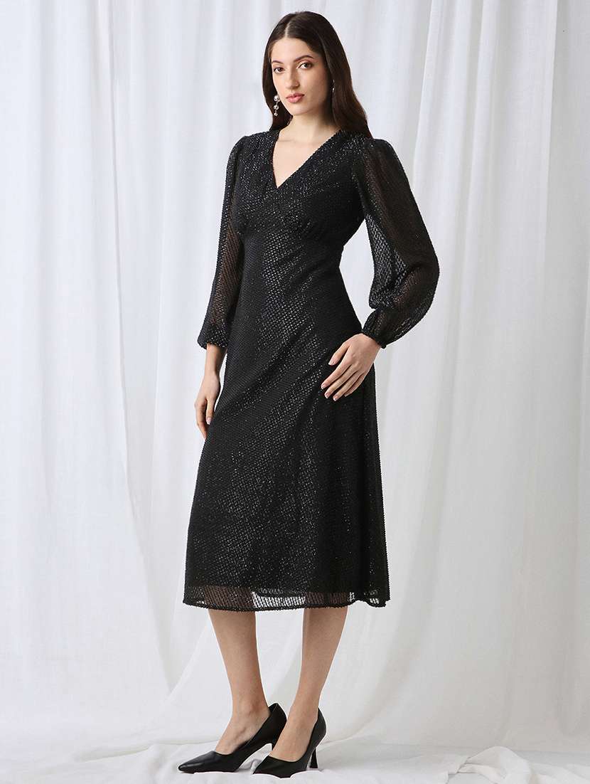 women black slef designed puff sleeve a-line dress - 22069732 - Standard Image - 2