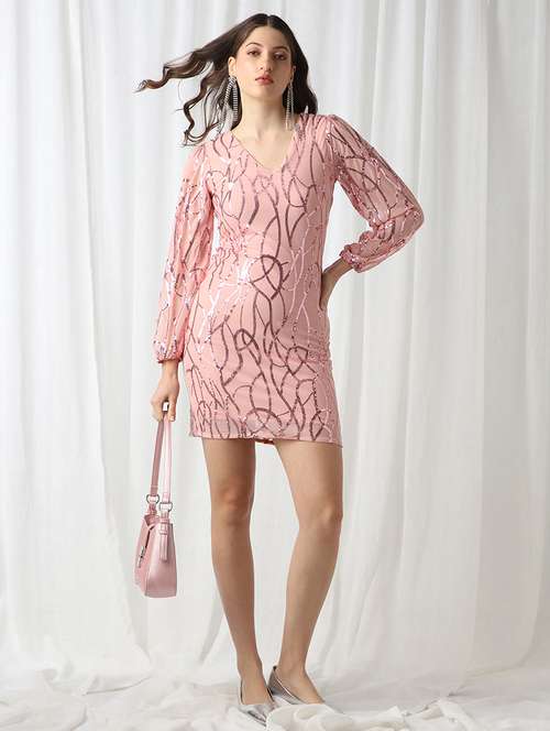 globus women pink v-neck bishop sleeves embellished mini bodycon party dress - 22069733 -  Standard Image - 0