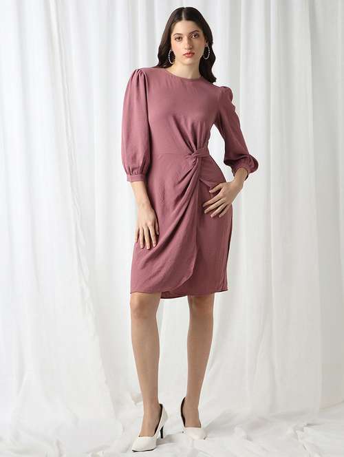 globus women pink round neck puff sleeves self design twisted detail mini workwear sheath dress - 22069735 - Standard Image - 0