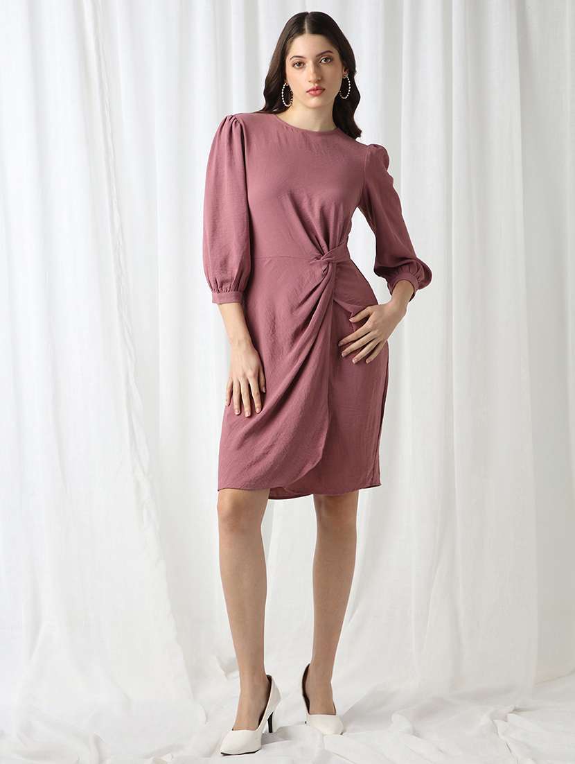 globus women pink round neck puff sleeves self design twisted detail mini workwear sheath dress - 22069735 - Zoom Image - 0