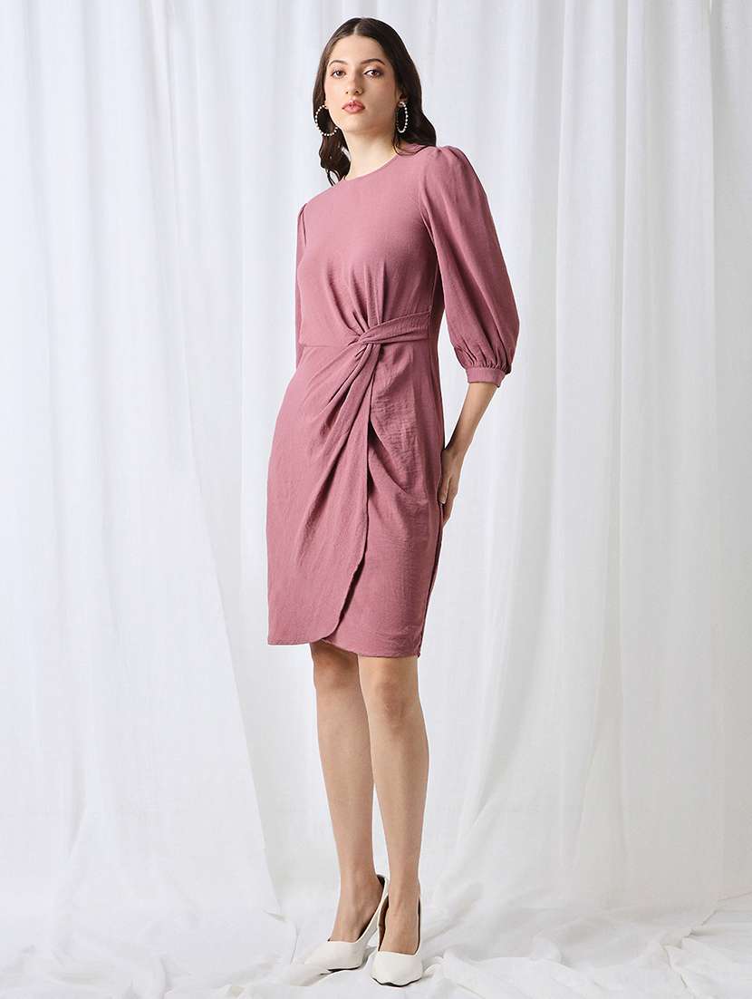 women mauve solid puff sleeve sheath dress - 22069735 - Standard Image - 2