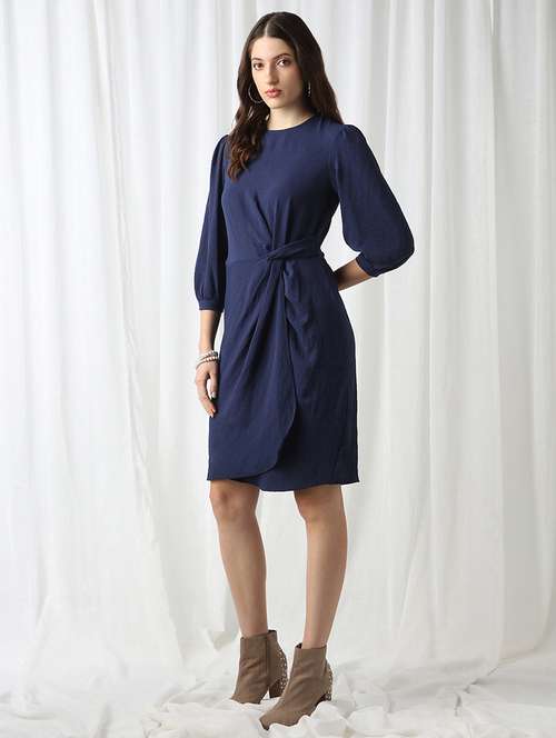 globus women blue round neck puff sleeves self design twisted detail mini workwear sheath dress - 22069736 -  Standard Image - 0