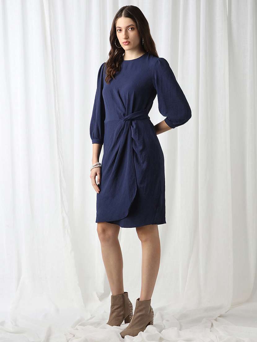 globus women blue round neck puff sleeves self design twisted detail mini workwear sheath dress - 22069736 -  Zoom Image - 0