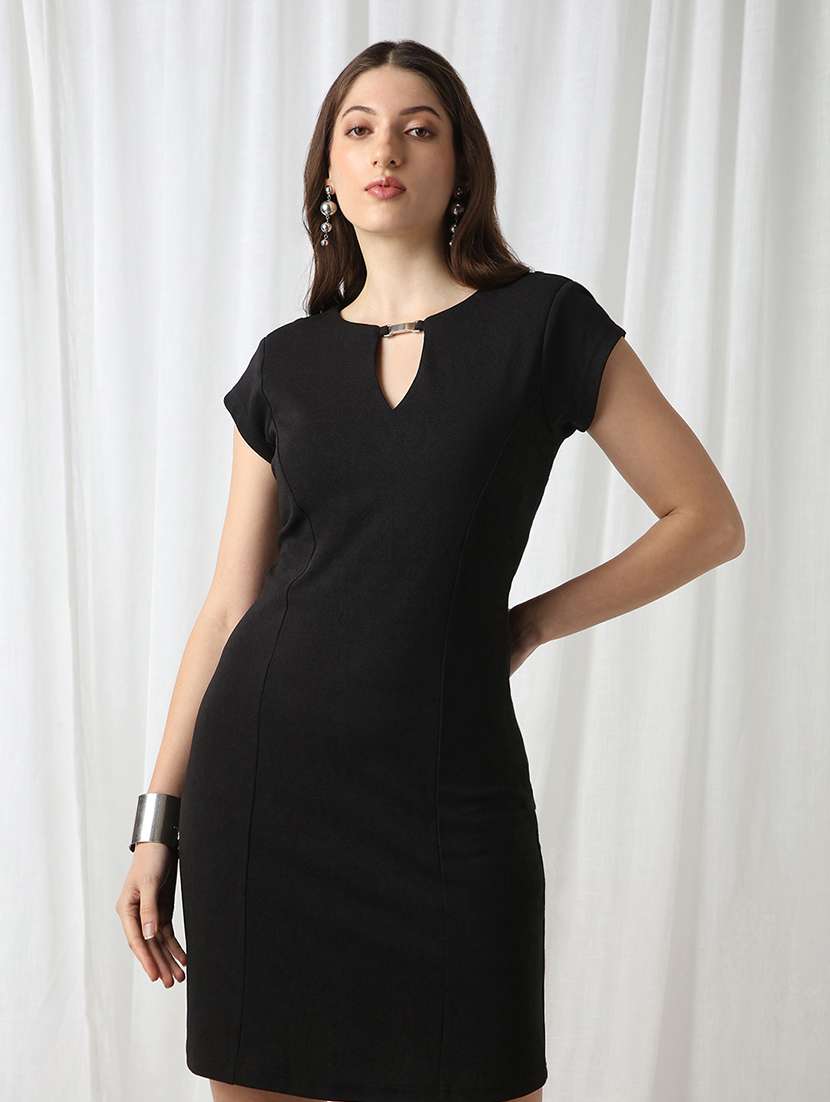globus women black round neck short sleeves self design buckle detail mini workwear sheath dress