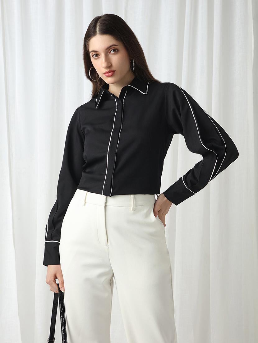 women black solid collared long sleeve shirt - 22069741 -  Zoom Image - 0