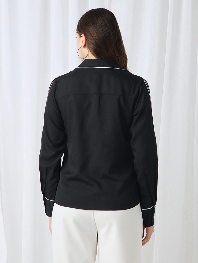 women black solid collared long sleeve shirt - 22069741 - Standard Image - 2