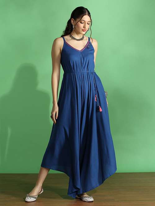 globus women indigo embroidered v-neck strappy sleeve waist tie-up asymmetric flared hem fusion jumpsuit