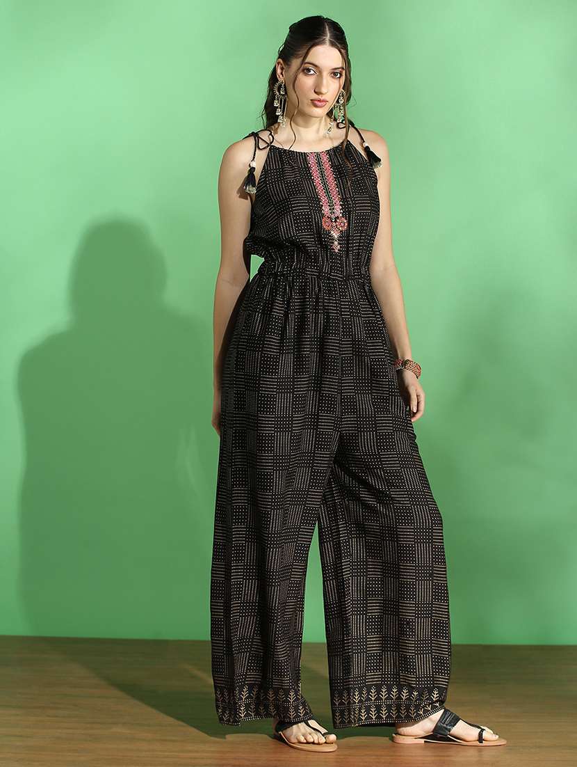 globus women black ethnic print embroidered halter neck tie-up sleeve wide leg fusion jumpsuit 