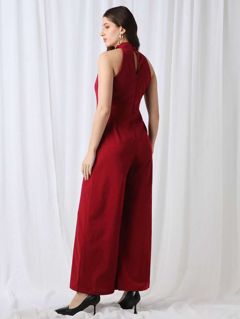 globus women maroon twisted halter neck sleevesless pleated detaling wide leg jumpsuit  - 22069745 -  Standard Image - 2