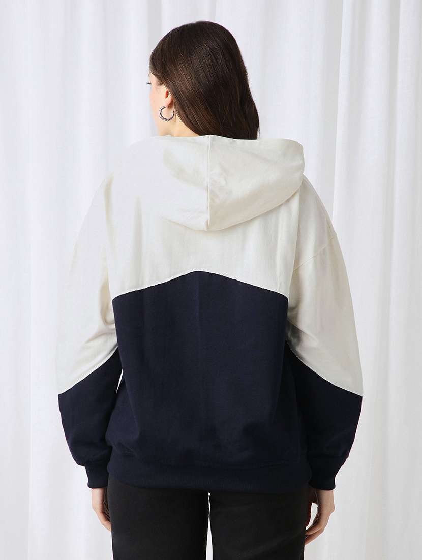 globus women navy blue colorblock drop shoulder sleeves ribbed hem hooded oversized sweatshirt - 22069750 -  Standard Image - 2