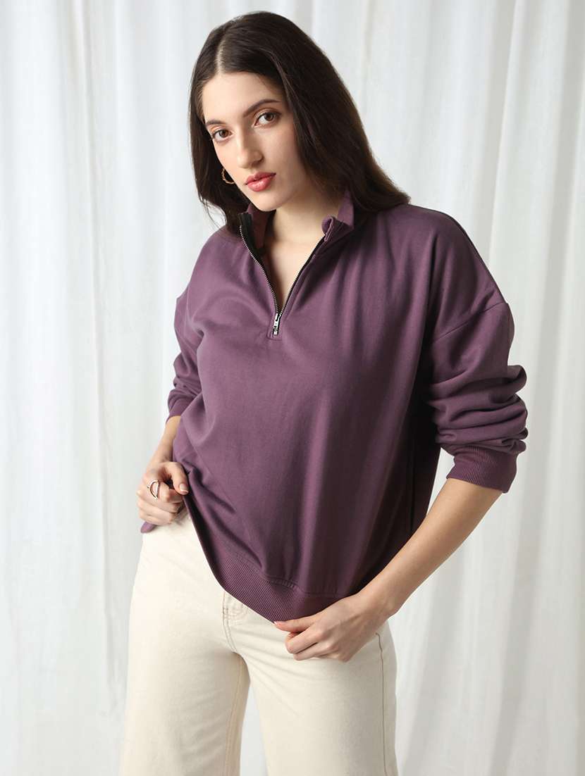globus women lavender drop shoulder sleeves half zipper high neck ribbed hem oversized sweatshirt