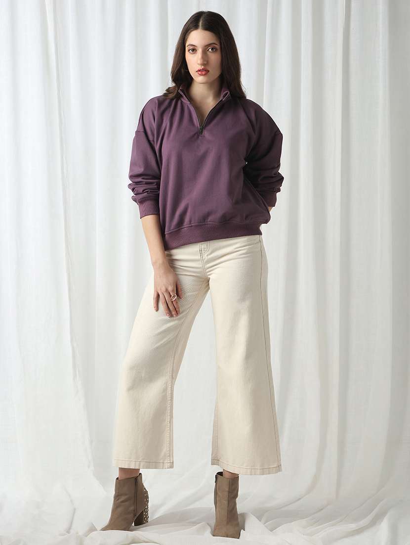 globus women lavender drop shoulder sleeves half zipper high neck ribbed hem oversized sweatshirt - 22069753 -  Standard Image - 2