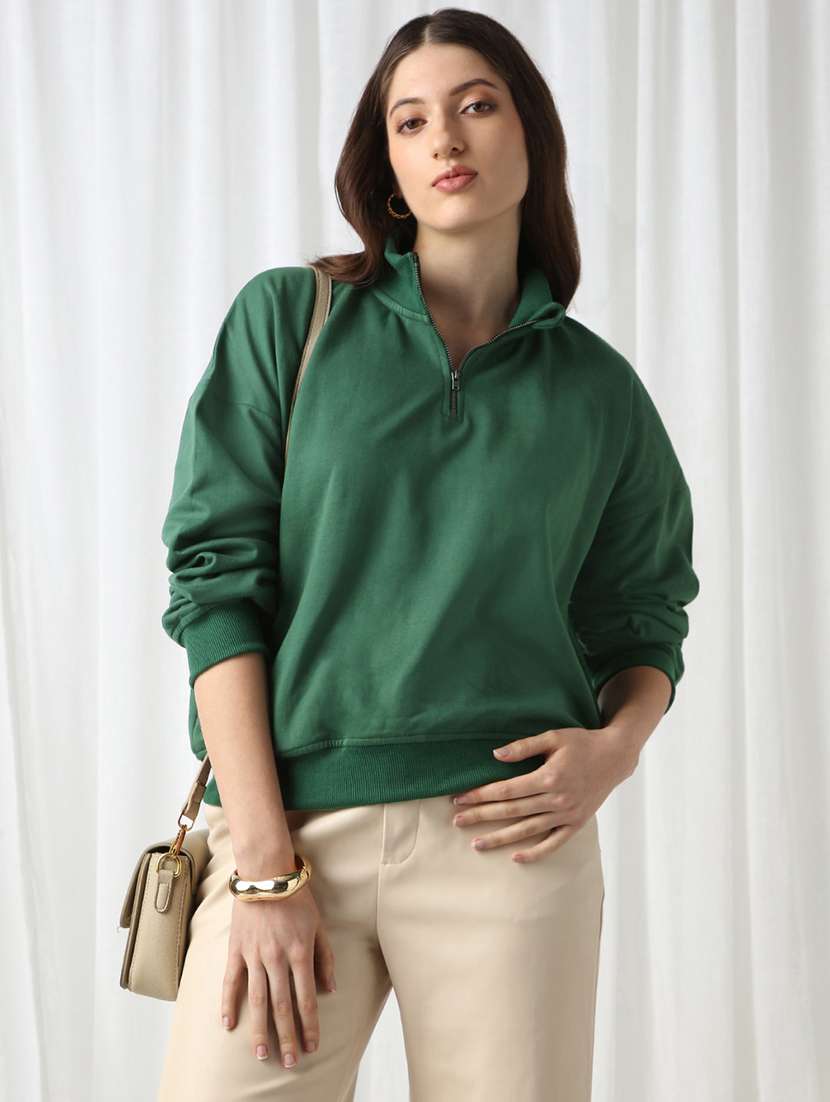 globus women green drop shoulder sleeves half zipper high neck ribbed hem oversized sweatshirt