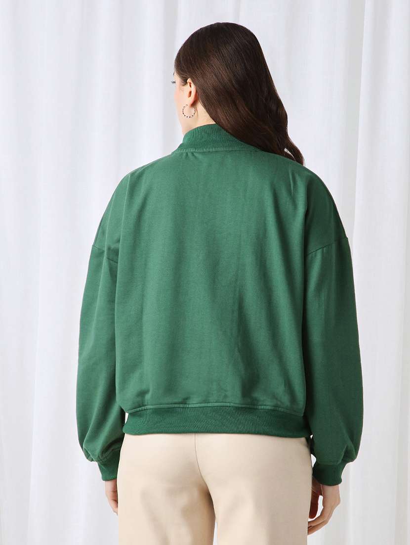 globus women green drop shoulder sleeves half zipper high neck ribbed hem oversized sweatshirt - 22069754 -  Standard Image - 2