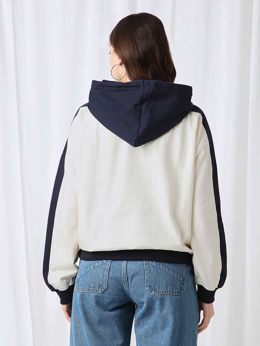 globus women navy blue colorblock drop shoulder sleeves kangaroo pocket hooded oversized sweatshirt - 22069757 -  Standard Image - 2
