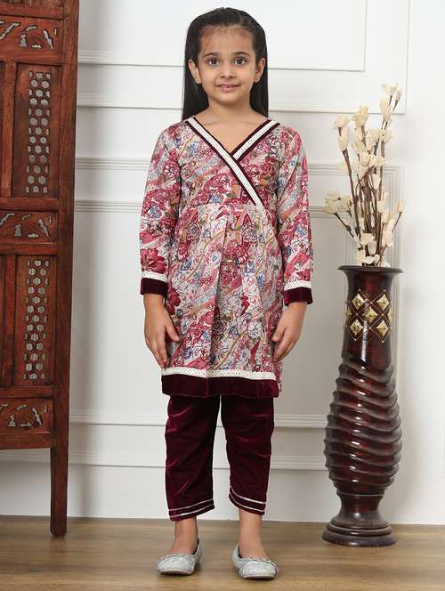 girls printed long sleeve kurta and pant set 