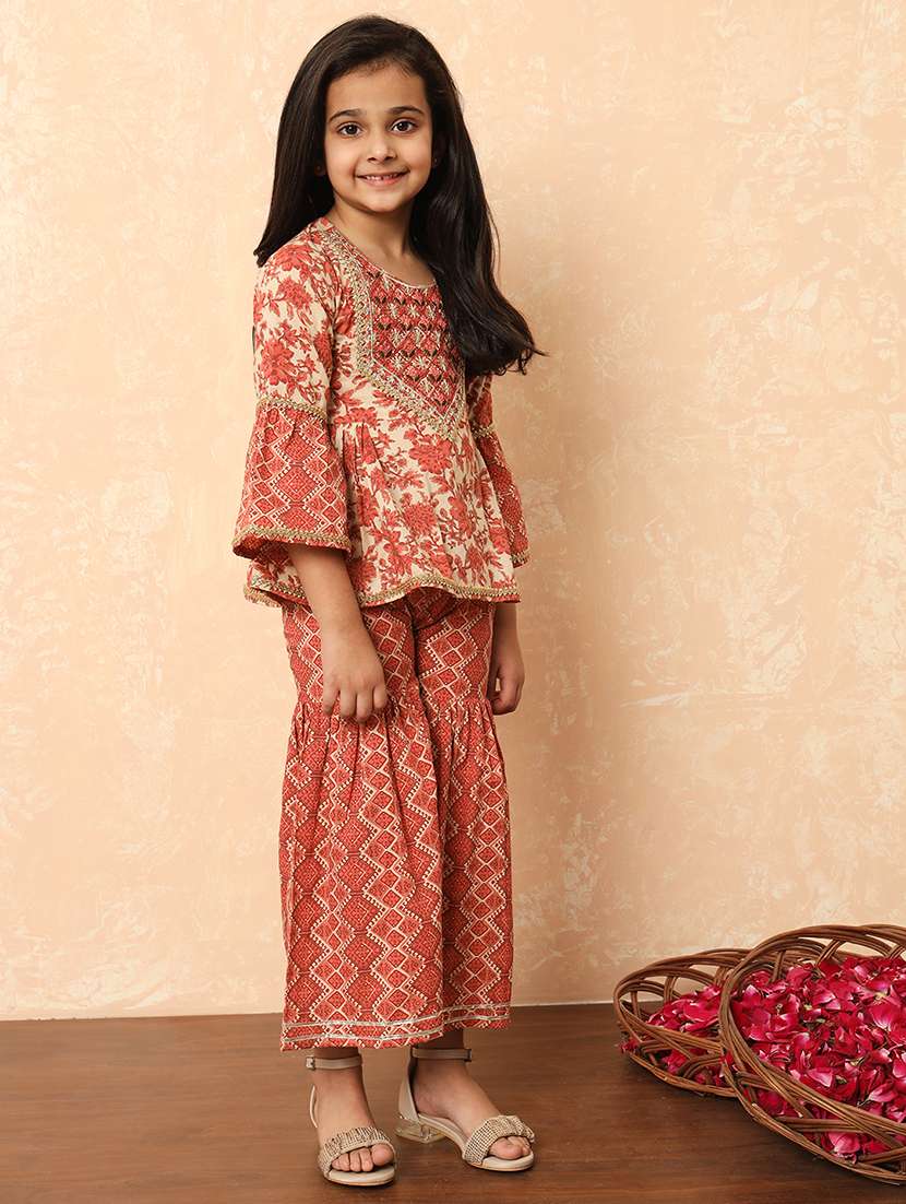 girls printed bell sleeve kurta and sharara set  - 22069765 -  Standard Image - 2