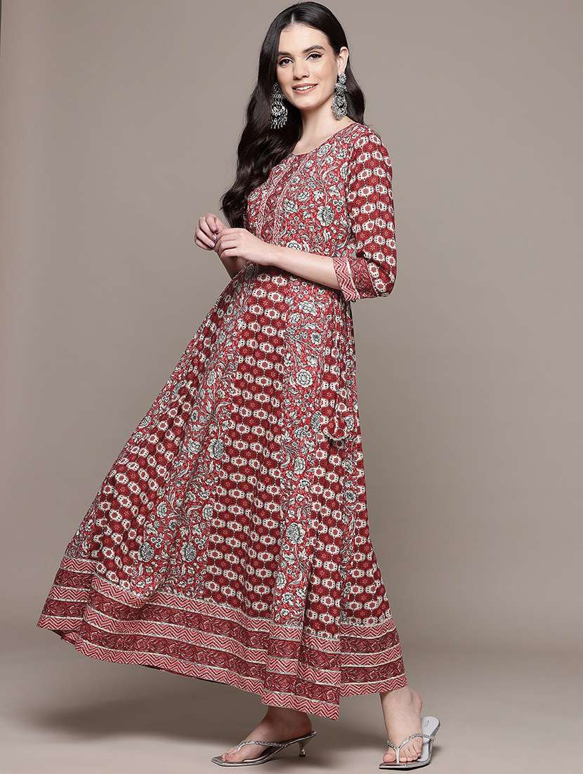 women printed three quarter sleeve ethnic dress - 22069767 -  Standard Image - 2