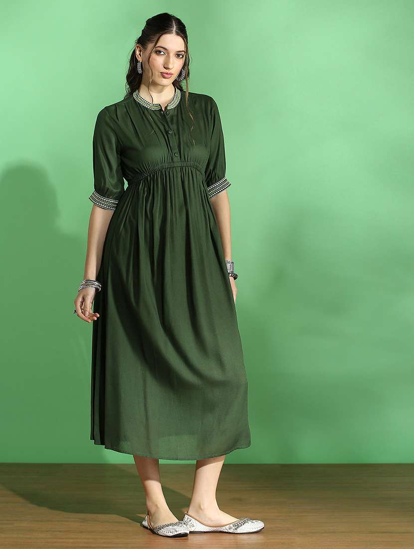globus women green embroidered mandarin collar puff sleeve gathered details fit & flare midi dress - 22069768 -  Standard Image - 2