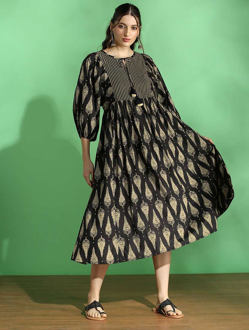 globus women black ethnic print round tie-up neck bishop sleeves tiered fit & flared midi dress