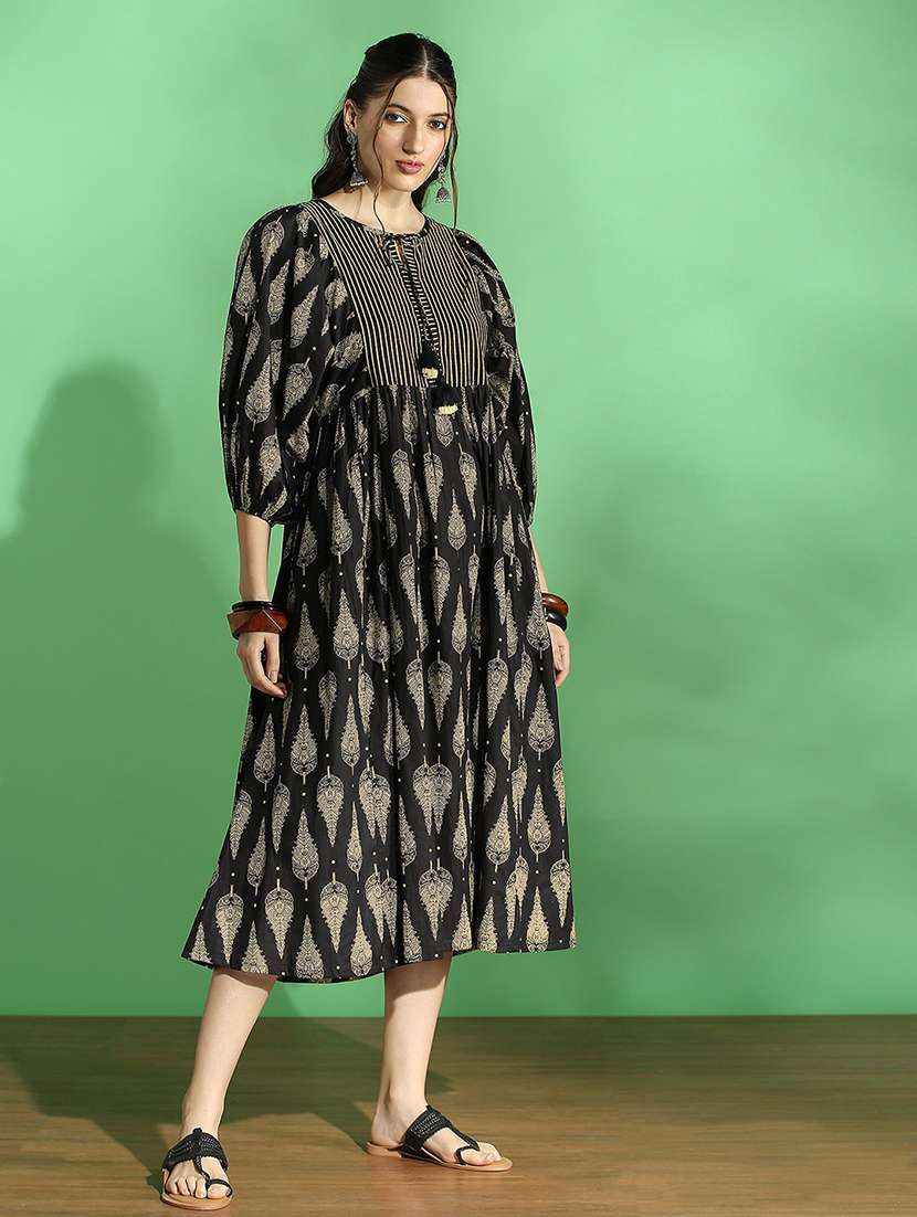globus women black ethnic print round tie-up neck bishop sleeves tiered fit & flared midi dress - 22069769 -  Standard Image - 2