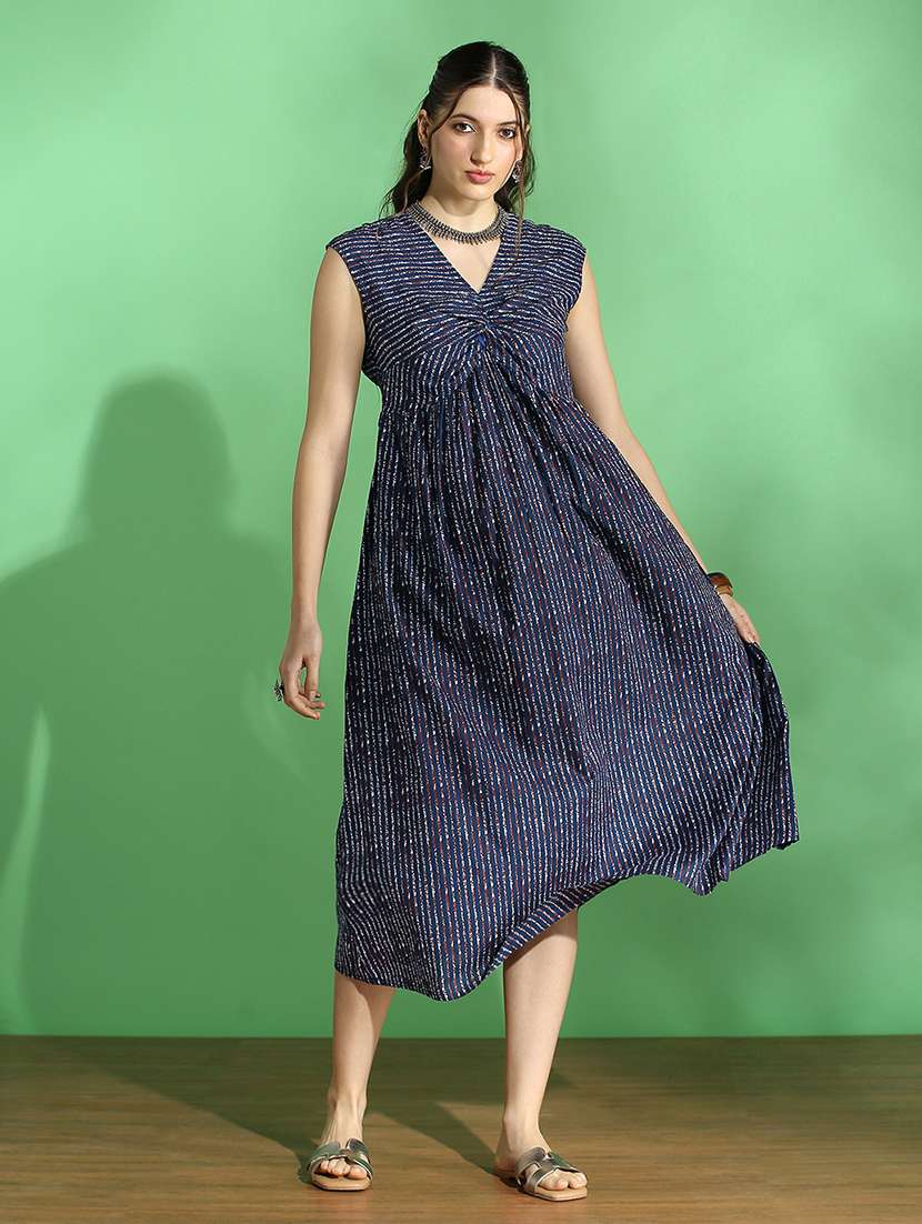 globus women navy blue stripes twisted v-neck extended sleeves pleated fit & flare midi fusion dress