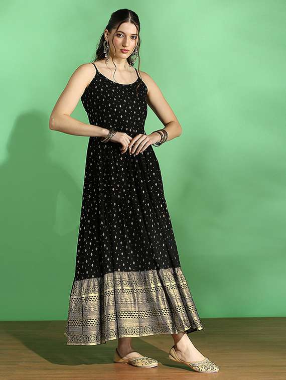 globus women black strappy shoulder gold foil ethnic motifs smocked tiered fit & flare maxi festive dress - 22069772 -  Standard Image - 2