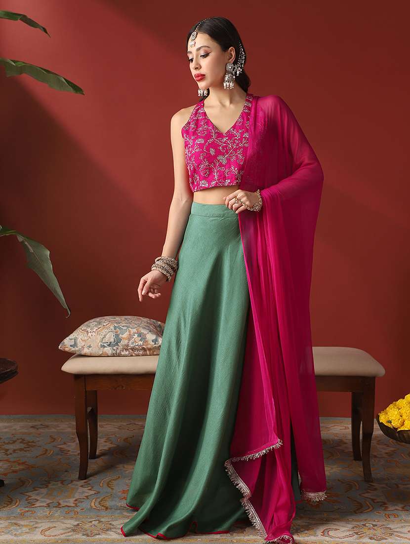 women solid with work flared stitched lehenga