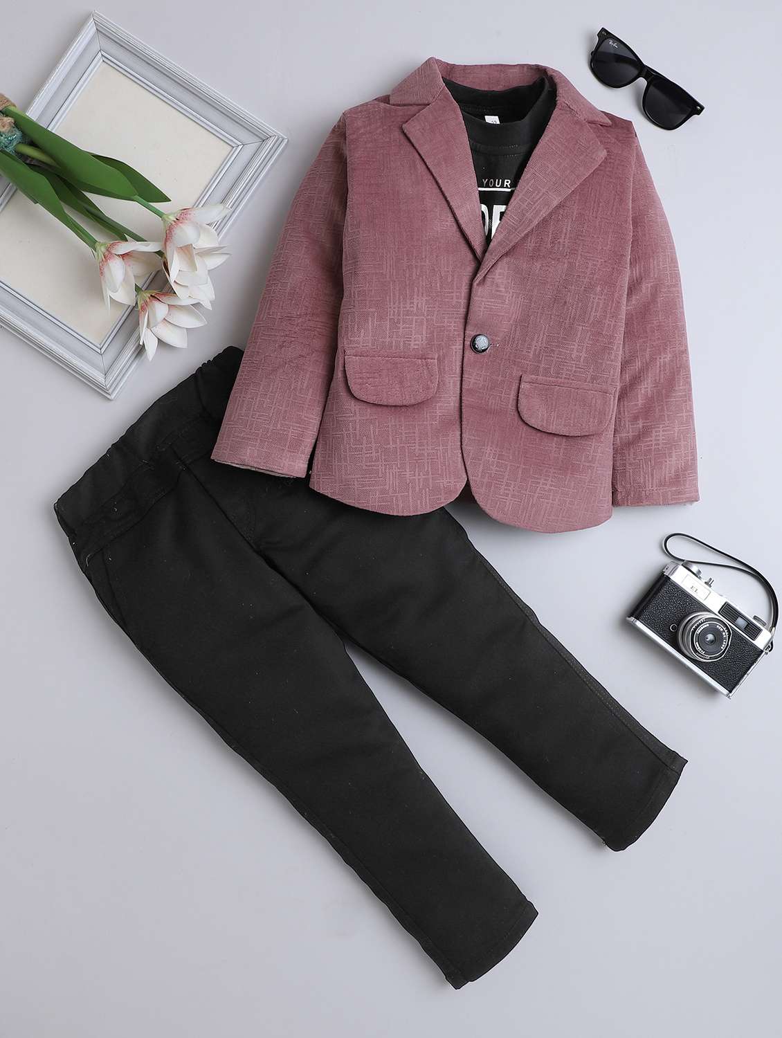 boys solid blazer and trouser with t-shirt set