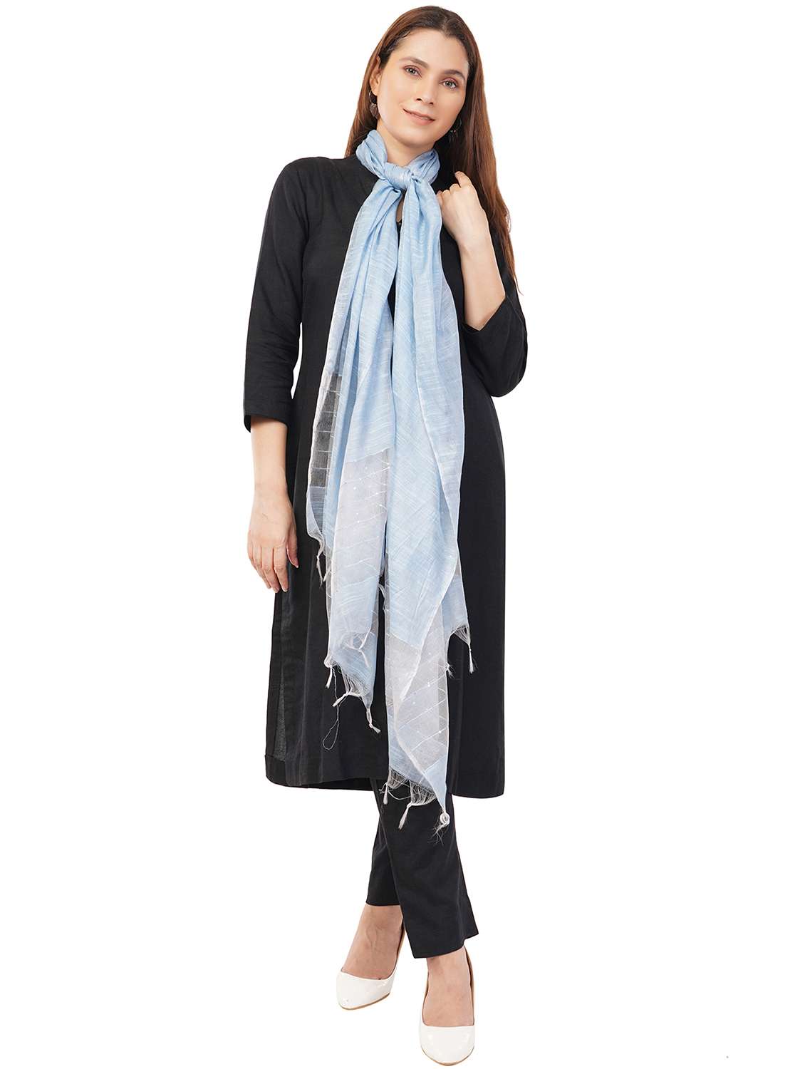 women dupatta with self linen like body with tiny sequins highlighting the edges - 22070603 -  Standard Image - 2