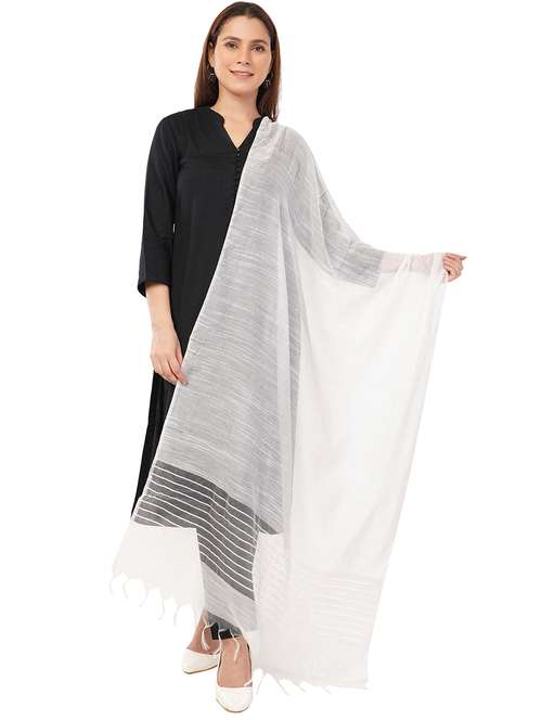 women dupatta with self linen like body with tiny sequins highlighting the edges - 22070605 -  Standard Image - 0