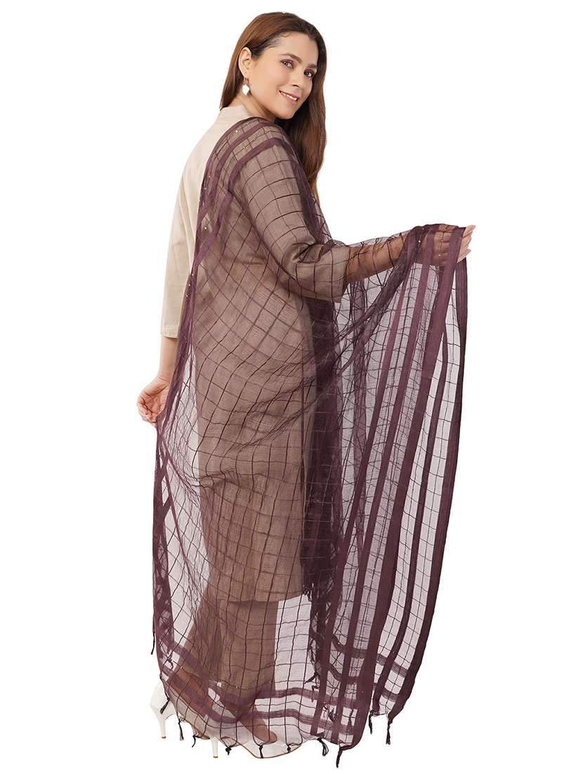 women dupatta with self linen like body with tiny sequins highlighting the edges - 22070606 - Standard Image - 2