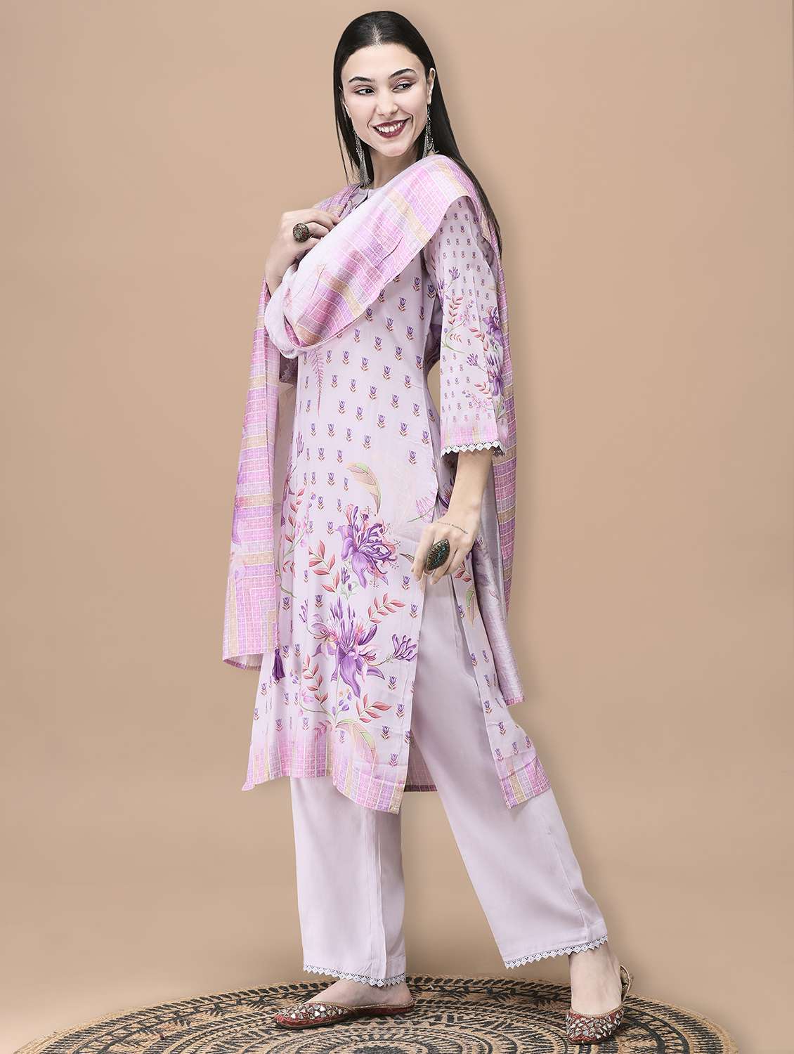 women floral three quarter sleeve kurta pant with dupatta set - 22070680 -  Standard Image - 2