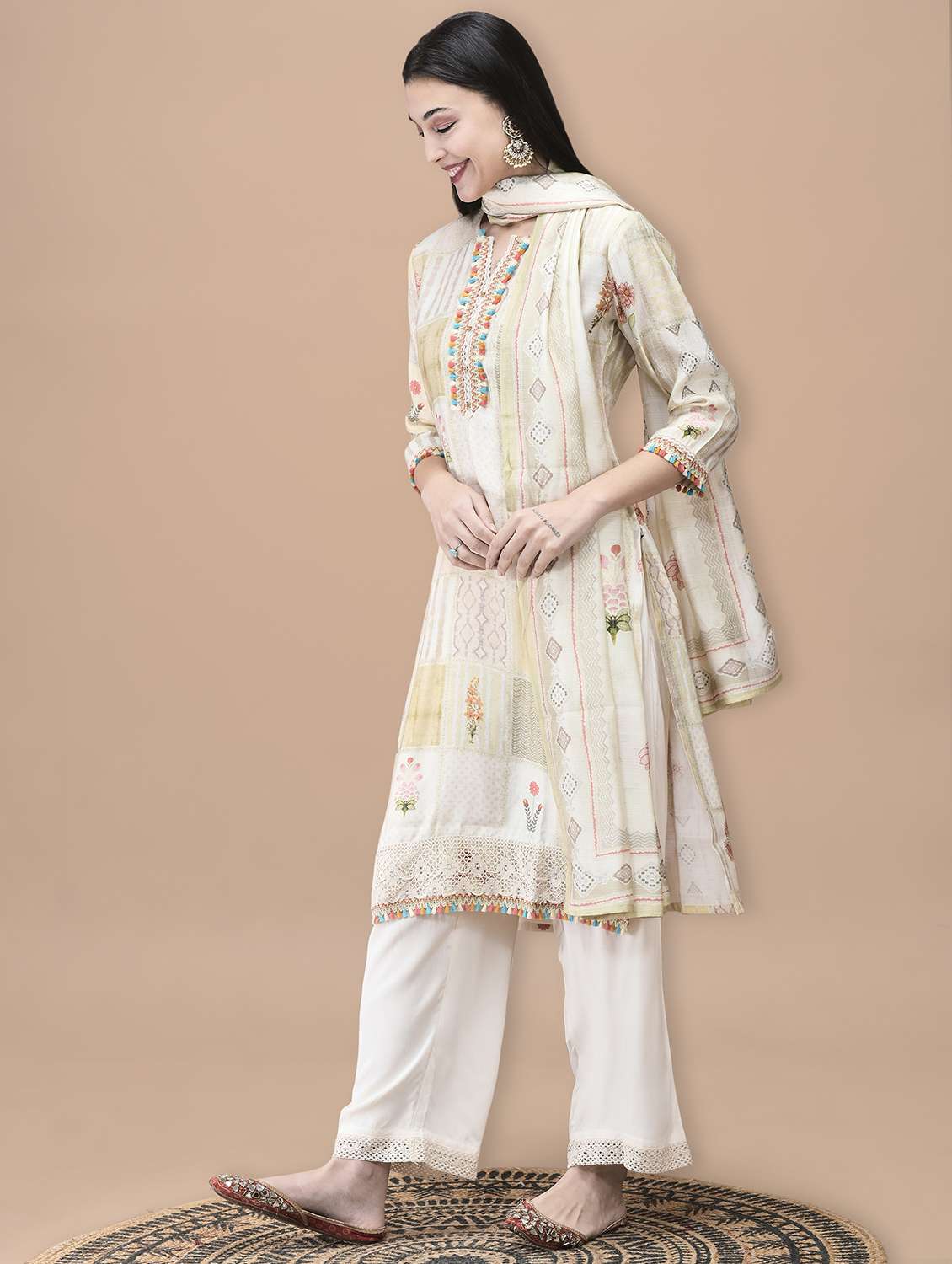 women printed three quarter sleeve kurta pant with dupatta set - 22070681 -  Standard Image - 2