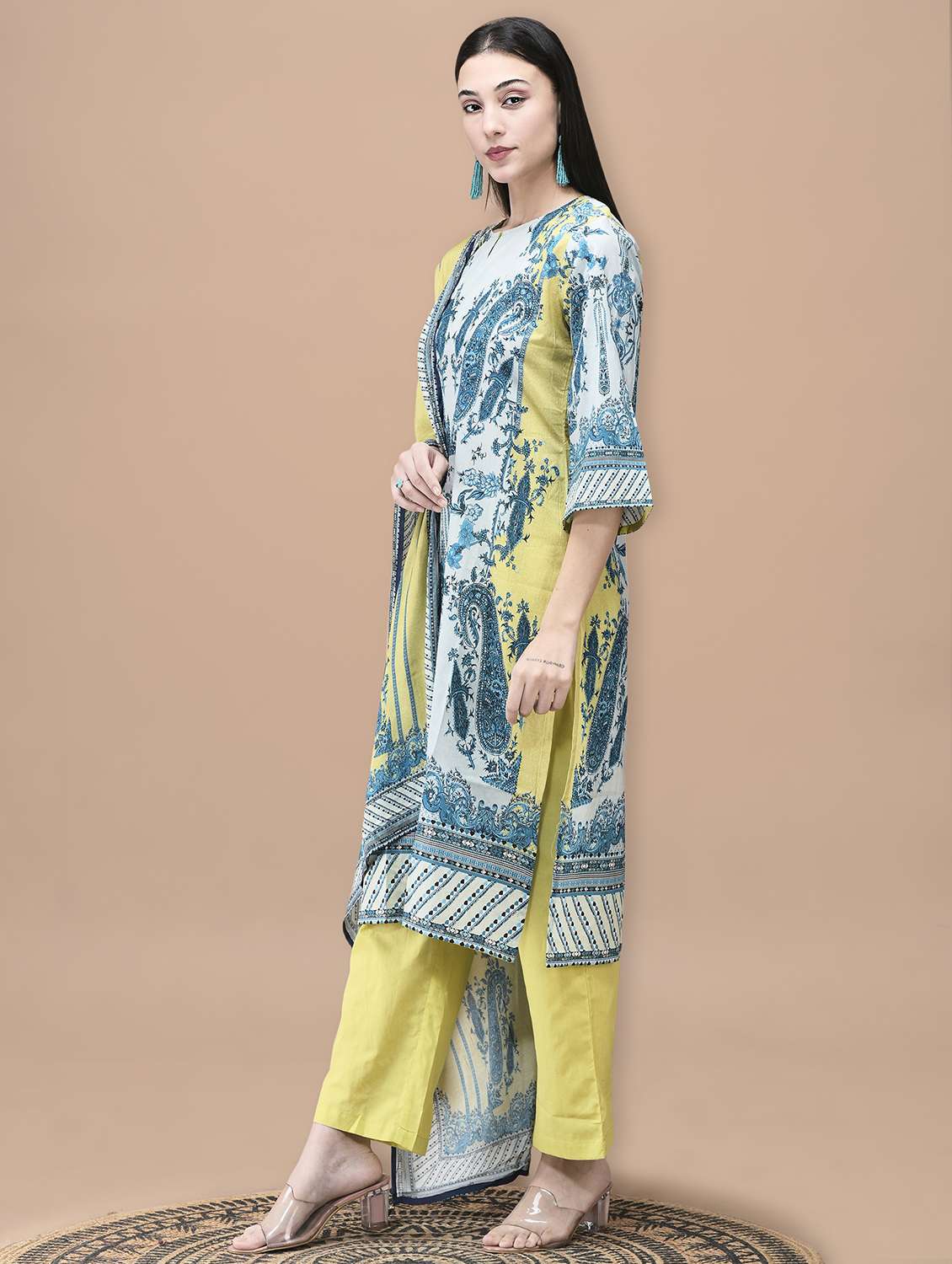 women printed three quarter sleeve kurta pant with dupatta set - 22070682 -  Standard Image - 2