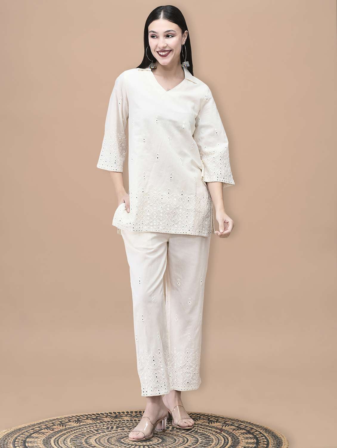 women solid with work three quarter sleeve ethnic co-ord set - 22070683 -  Standard Image - 2