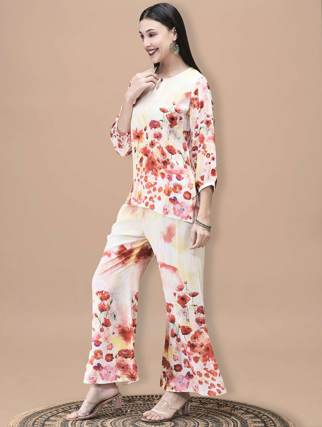 women floral three quarter sleeve ethnic co-ord set - 22070684 - Standard Image - 2
