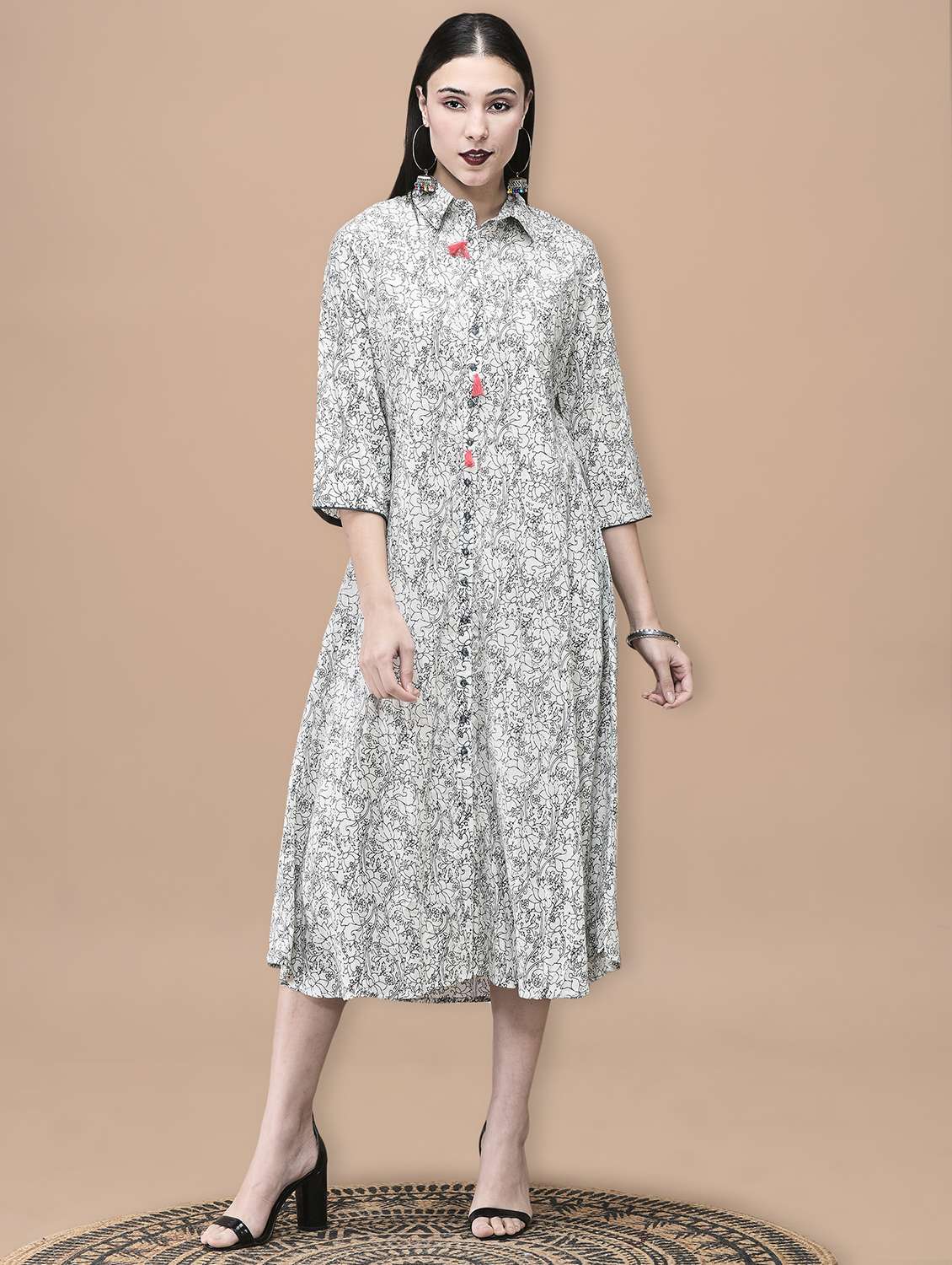 women floral printed three quarter sleeve a-line ethnic dress