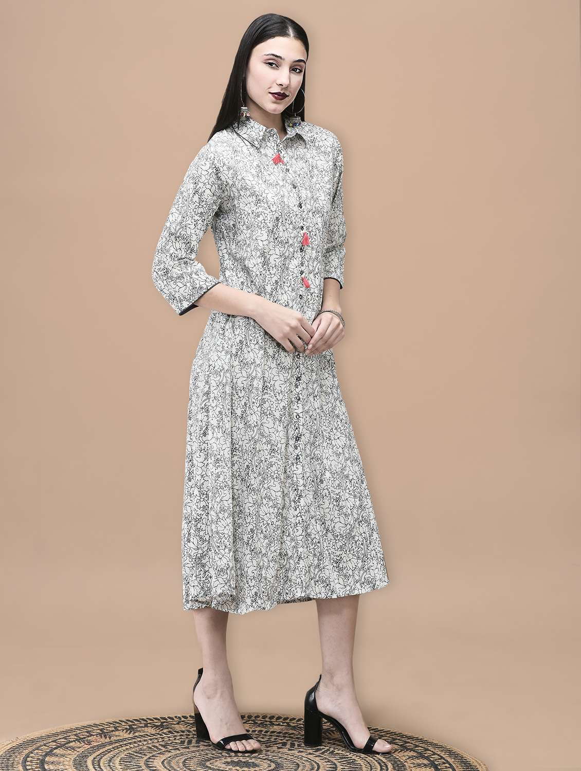 women floral printed three quarter sleeve a-line ethnic dress - 22070685 - Standard Image - 2