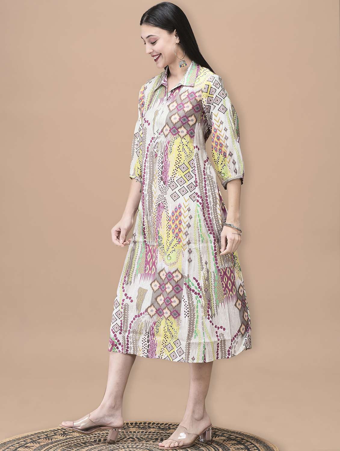 women ikat printed three quarter sleeve ethnic dress - 22070686 - Standard Image - 2