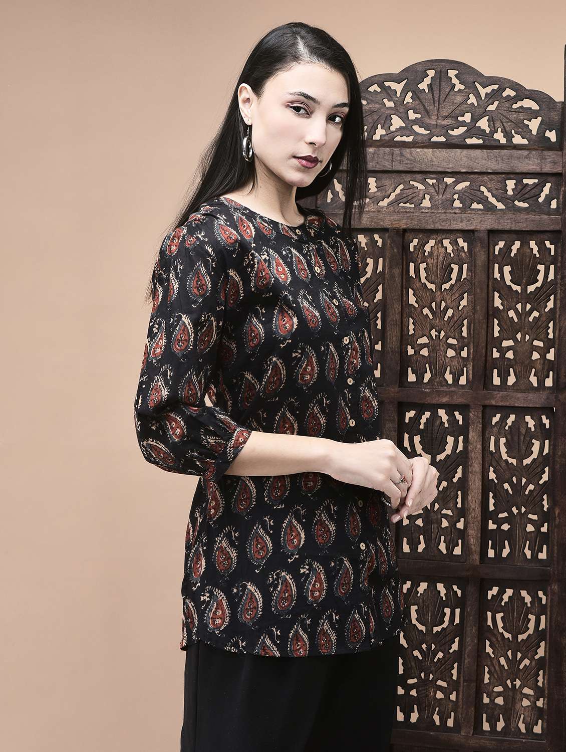 women printed three quarter sleeve kurti - 22070688 - Standard Image - 2