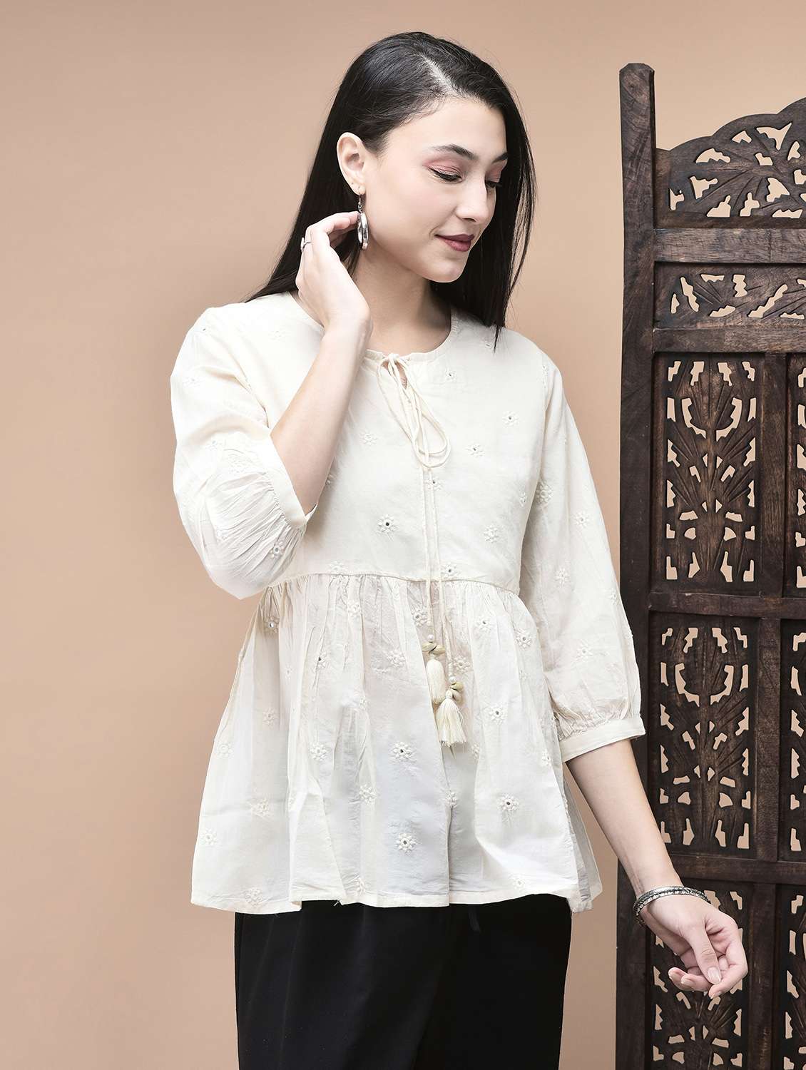 women embroidered tie-up neck flared tunic - 22070690 -  Standard Image - 2