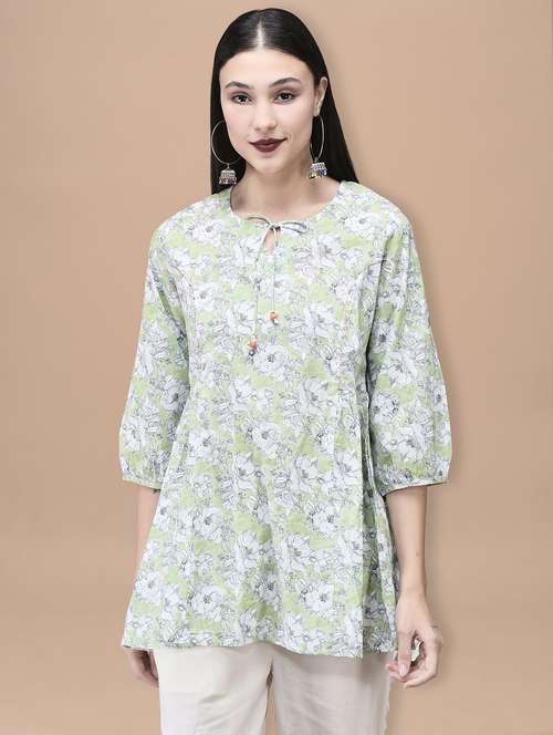women printed tie-up neck puff sleeve kurti - 22070691 -  Standard Image - 0