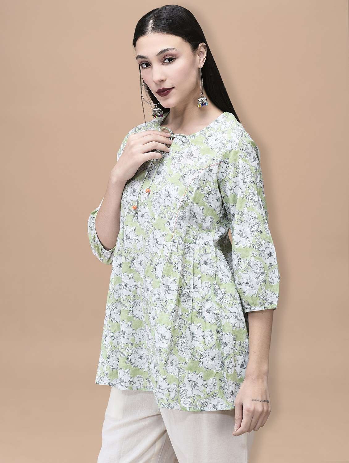 women printed tie-up neck puff sleeve kurti - 22070691 - Standard Image - 2