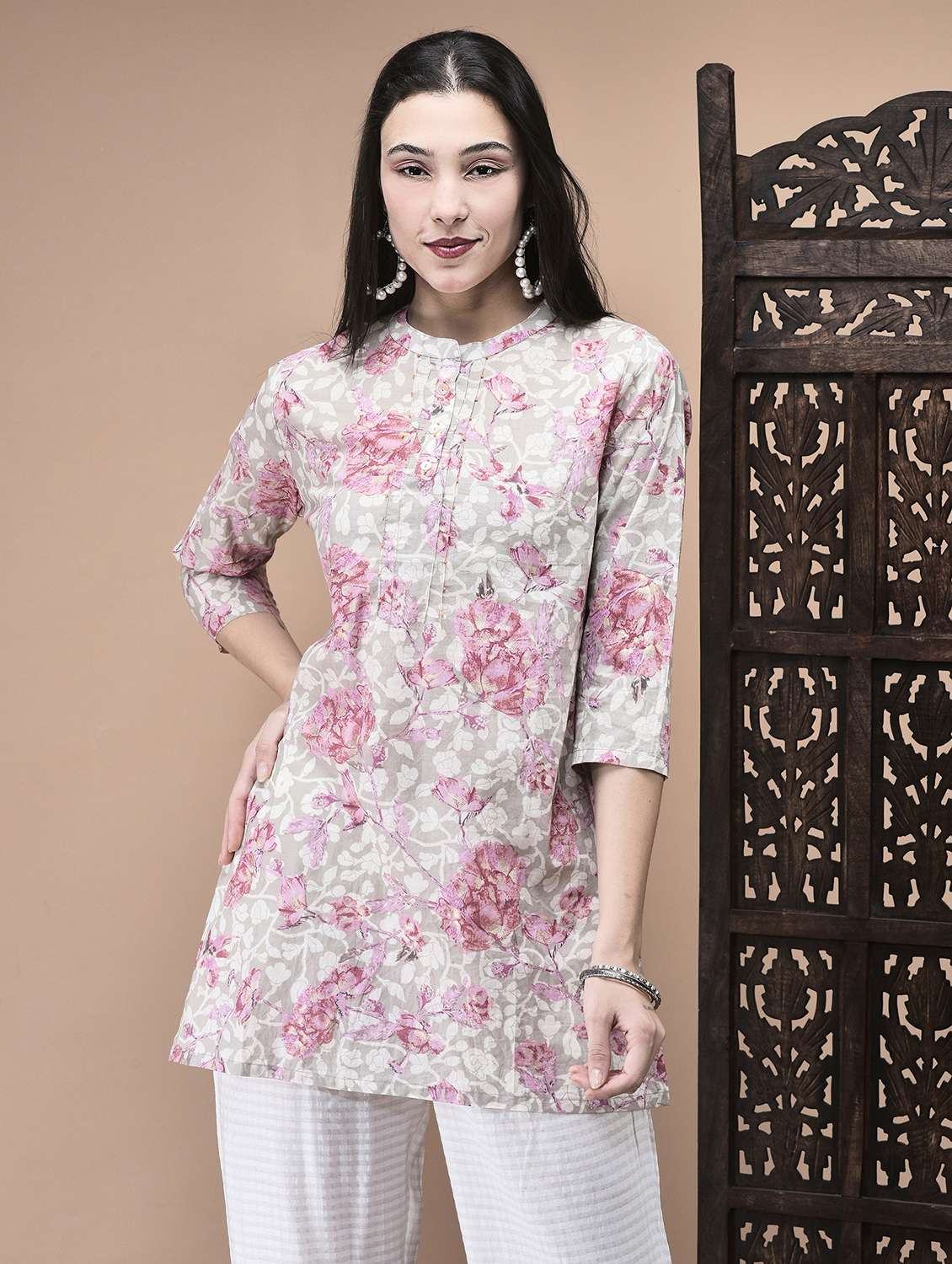 women floral print three quarter sleeve tunic