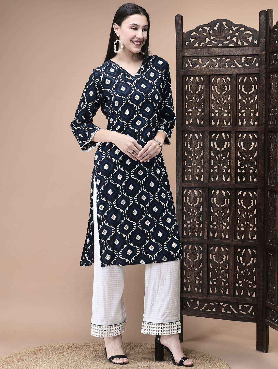 women printed three quarter sleeve straight kurta - 22070840 - Standard Image - 2