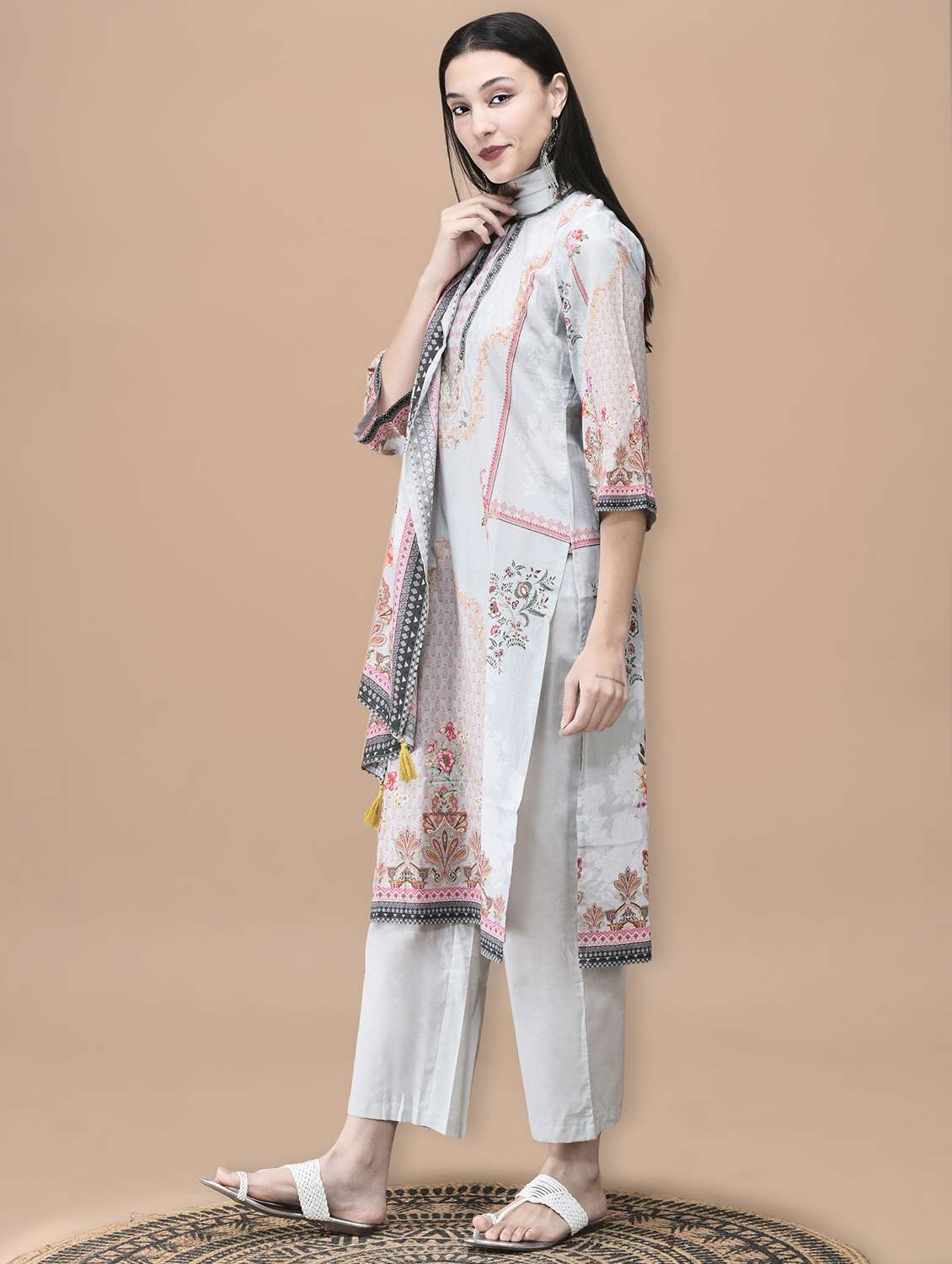 women printed three quarter sleeve kurta pant with dupatta set - 22070842 - Standard Image - 2