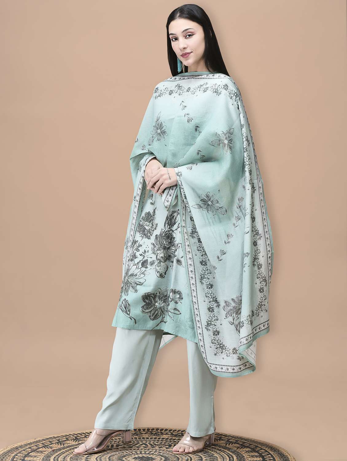 women floral three quarter sleeve kurta pant with dupatta set - 22070844 -  Standard Image - 2