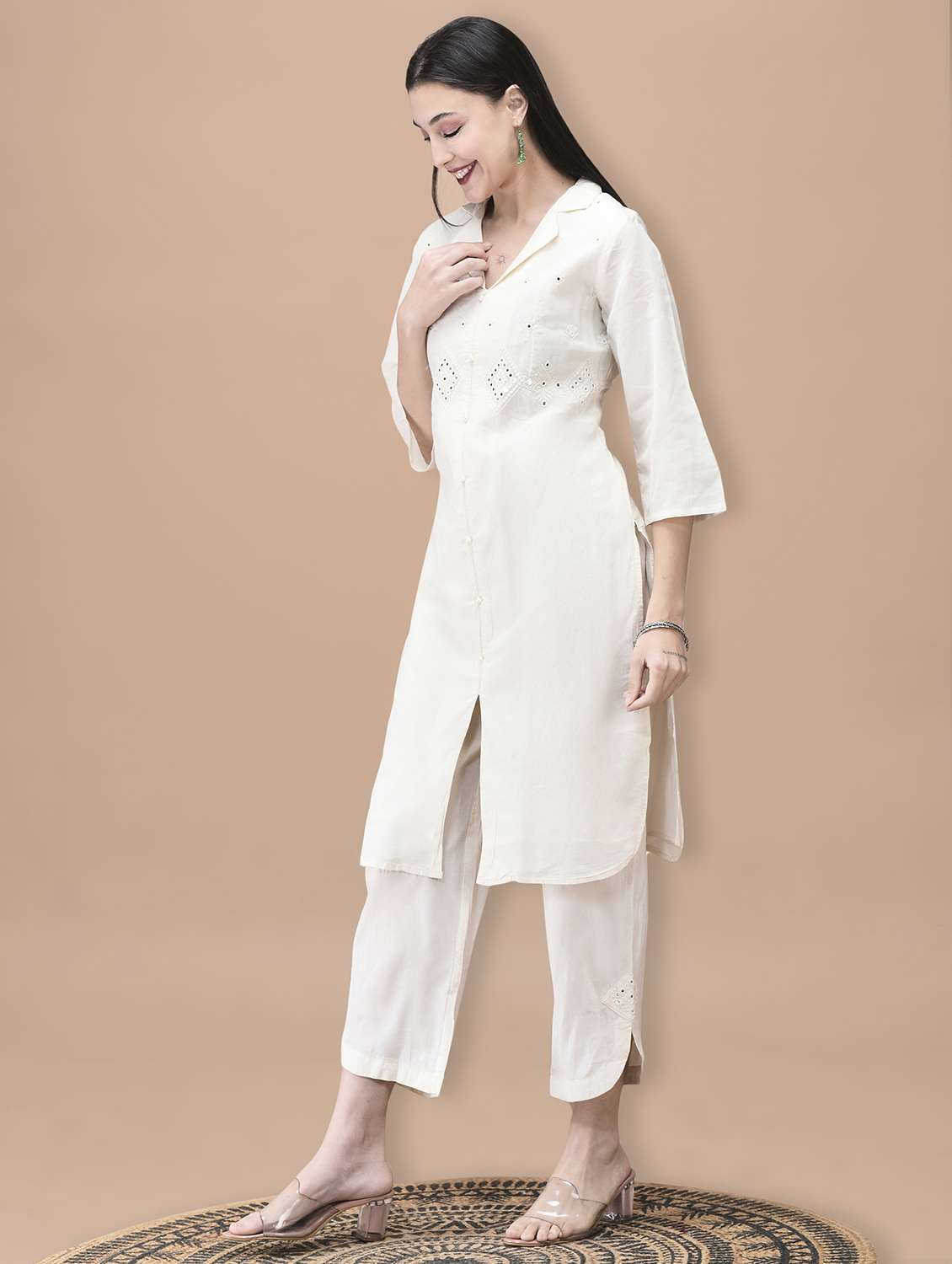 women solid with work three quarter sleeve kurta pant set - 22070845 -  Standard Image - 2